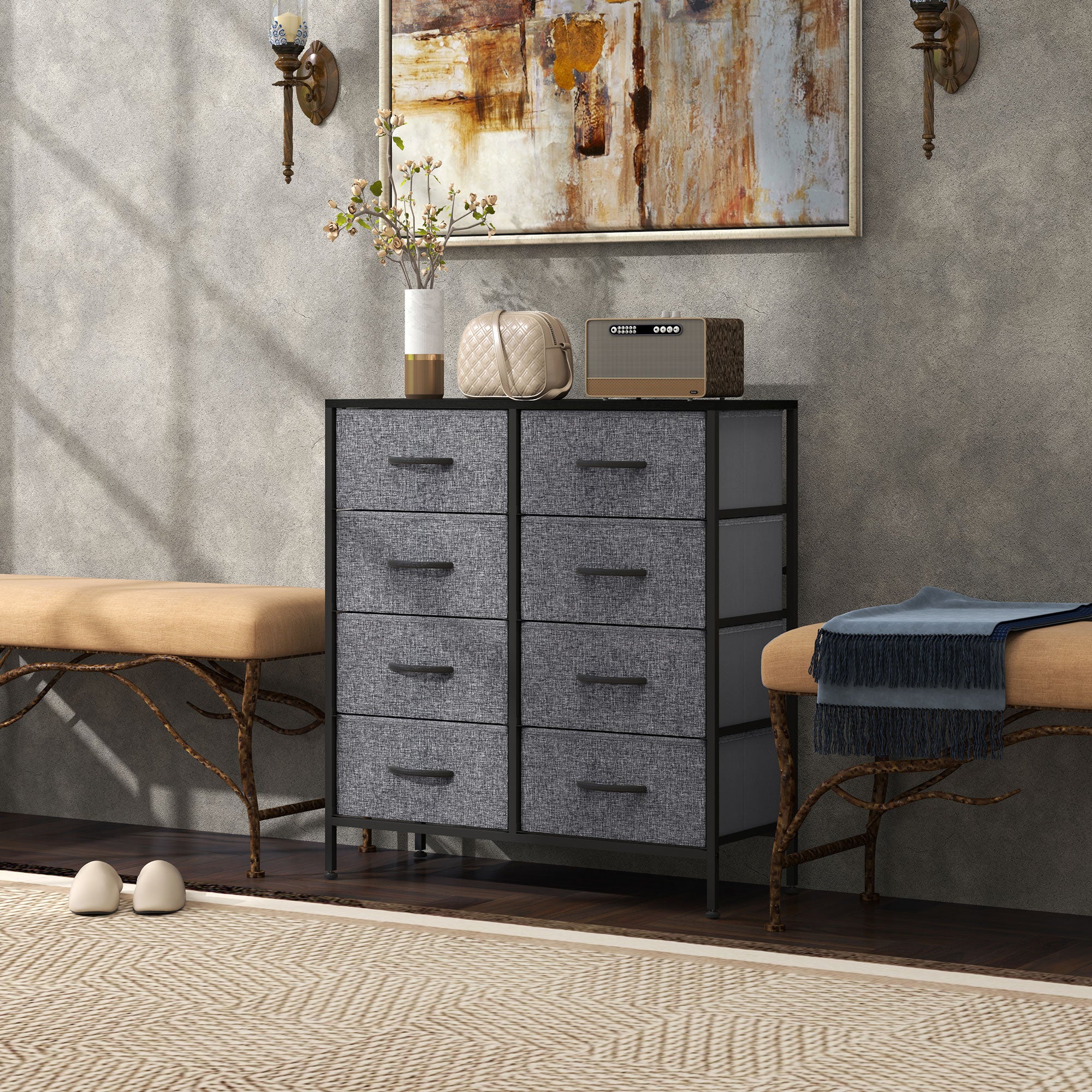 Fabric Chest of Drawers, Industrial Bedroom Dresser with 8 Fabric Drawers, Steel Frame and Wooden Top for Nursery, Living Room, Hallway, Black