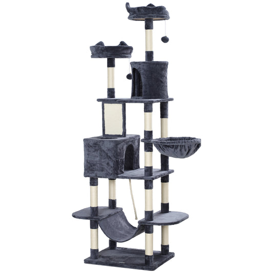 206cm Cat Tree, Multi-Level Cat Tower with Scratching Posts and Board, Beds, Condos, Platforms, Toy Balls, Dark Grey