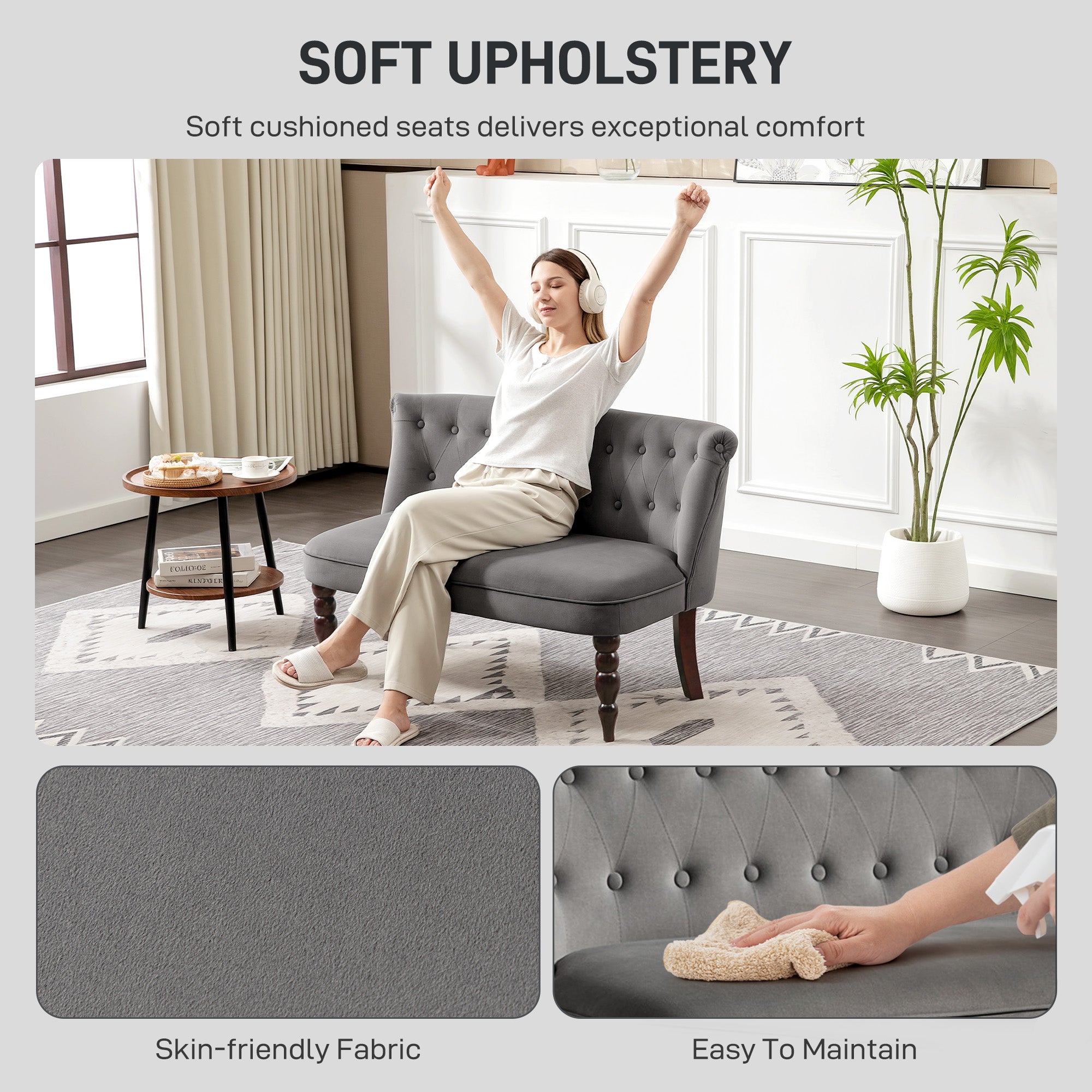 Fynco - Velvet 2 Seater Sofa, Button Tufted Wingback Loveseat with Rubber Wood Legs for Living Room, Bedroom, Charcoal Grey