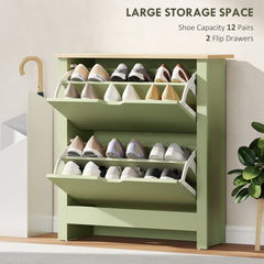 Fynco - Slim Shoe Cabinet, Narrow Shoe Cupboard with 2 Flip Drawers, Adjustable Shelves for 12 Pairs of Shoes, Green