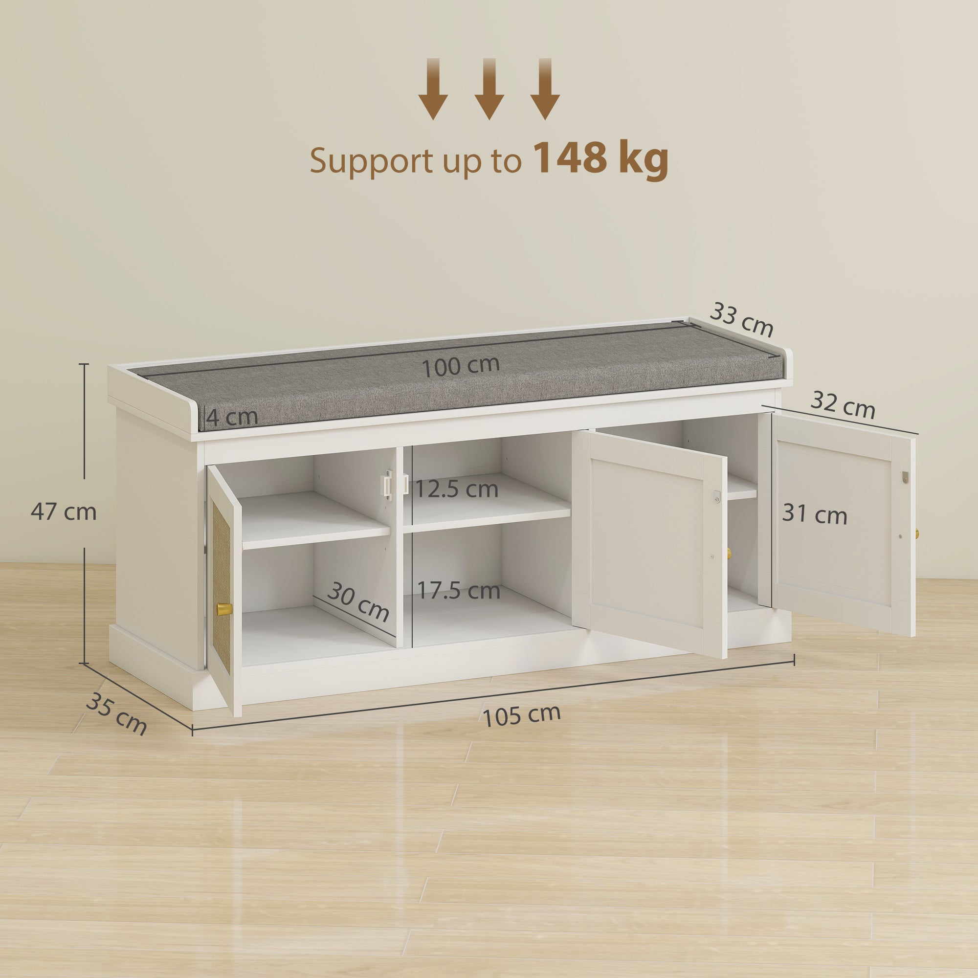 Fynco - Shoe Storage Bench with Woven Rattan Doors, Seat - White