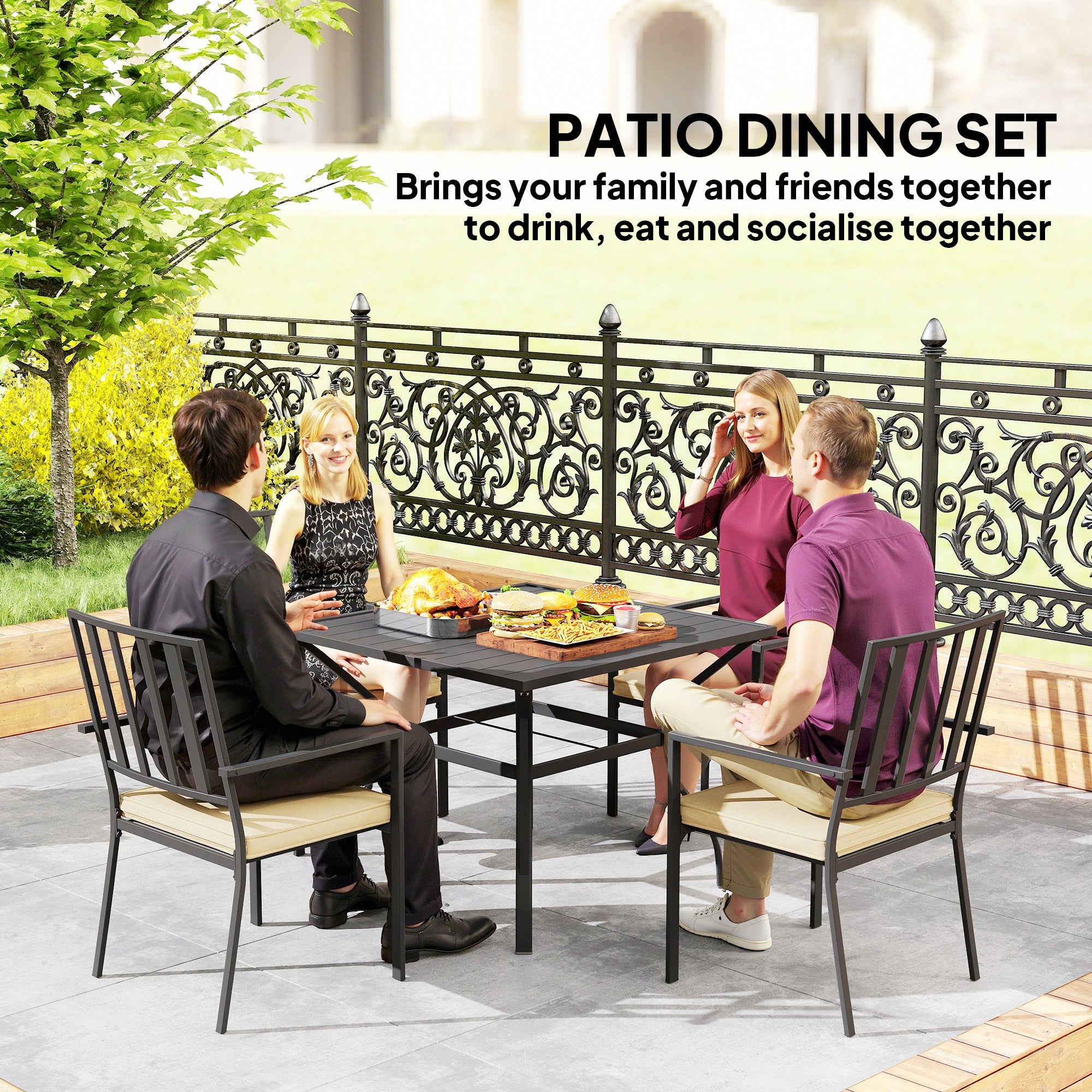 5 Pieces Garden Dining Set with Cushions, Outdoor Patio Table and 4 Stackable Chairs, Metal Top Table with Umbrella Hole, Black