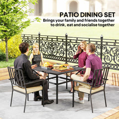 5 Pieces Garden Dining Set with Cushions, Outdoor Patio Table and 4 Stackable Chairs, Metal Top Table with Umbrella Hole, Black