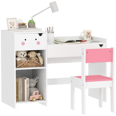 AIYAPLAY Rabbit-Themed Kids Desk and Chair Set with Bookcase, Drawers, Shelves, for Ages 3-6 Years, Whtie/Pink