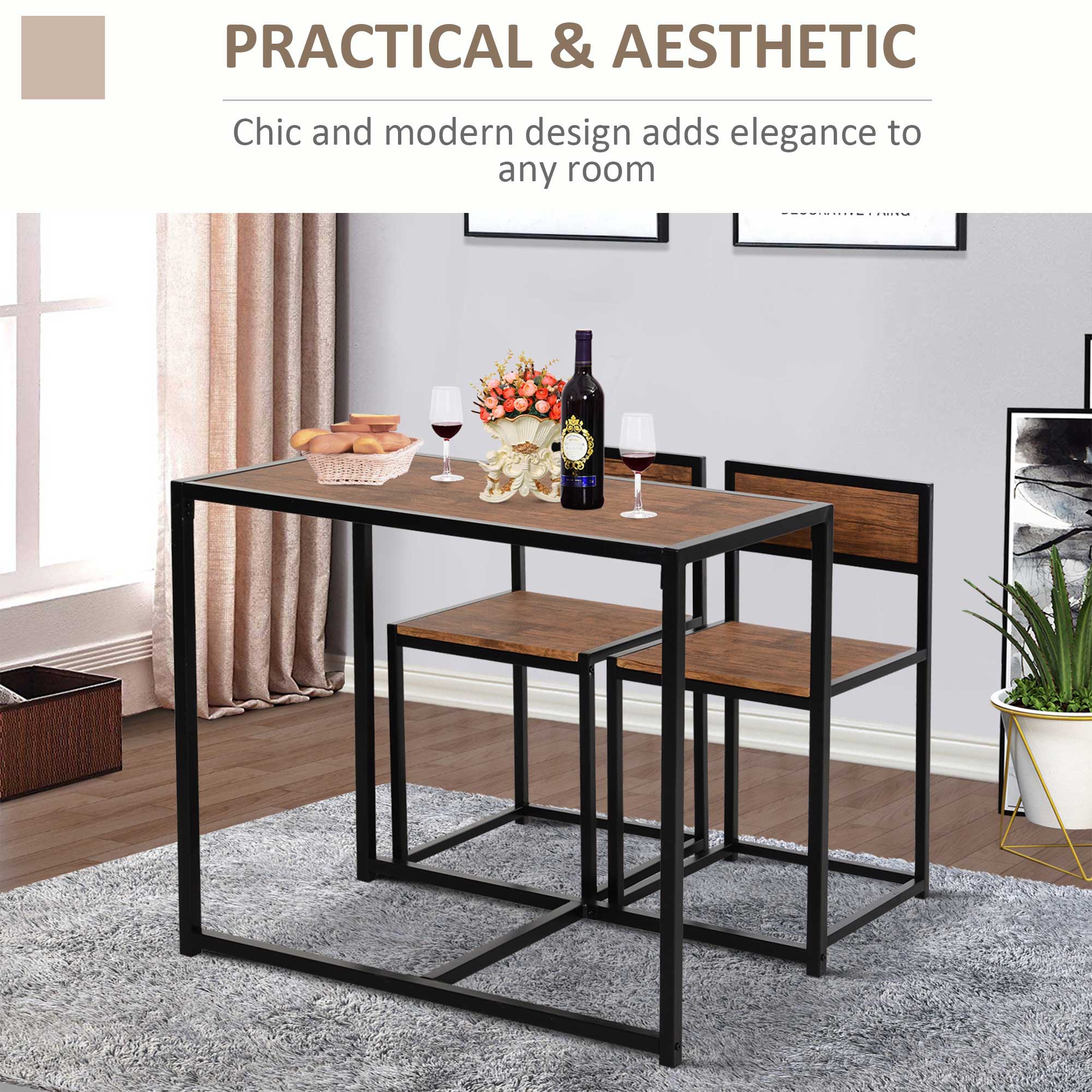 Dining Table and Chairs Set 2, Dining Room Sets, Rectangular Space Saving Table and 2 Chairs for Compact Kitchens, Steel Frame, Natural