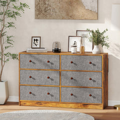 Chest of Drawers, Dresser with 6 Fabric Drawers - Grey and Rustic Brown