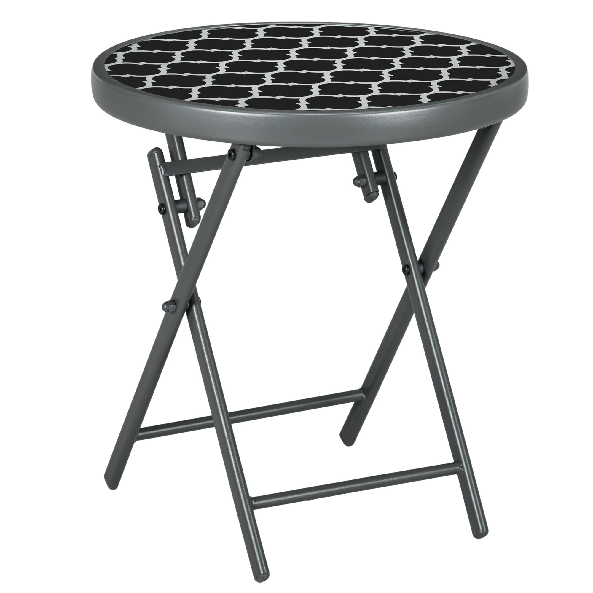 Φ45cm Garden Side Table, Outdoor Round Folding Patio Table with Imitation Marble Glass Top, Small Coffee Table, Black and White