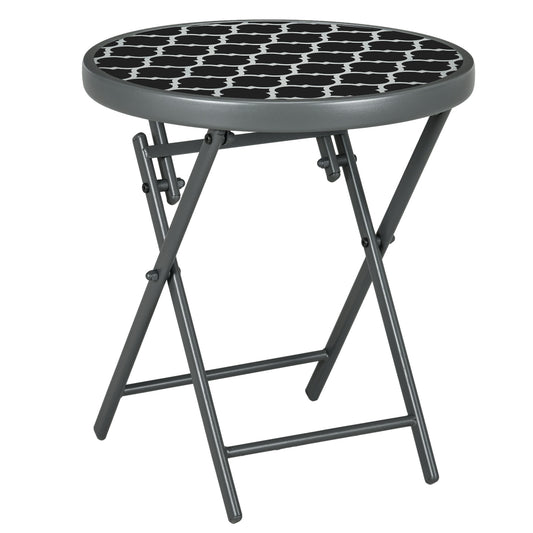 Φ45cm Garden Side Table, Outdoor Round Folding Patio Table with Imitation Marble Glass Top, Small Coffee Table, Black and White