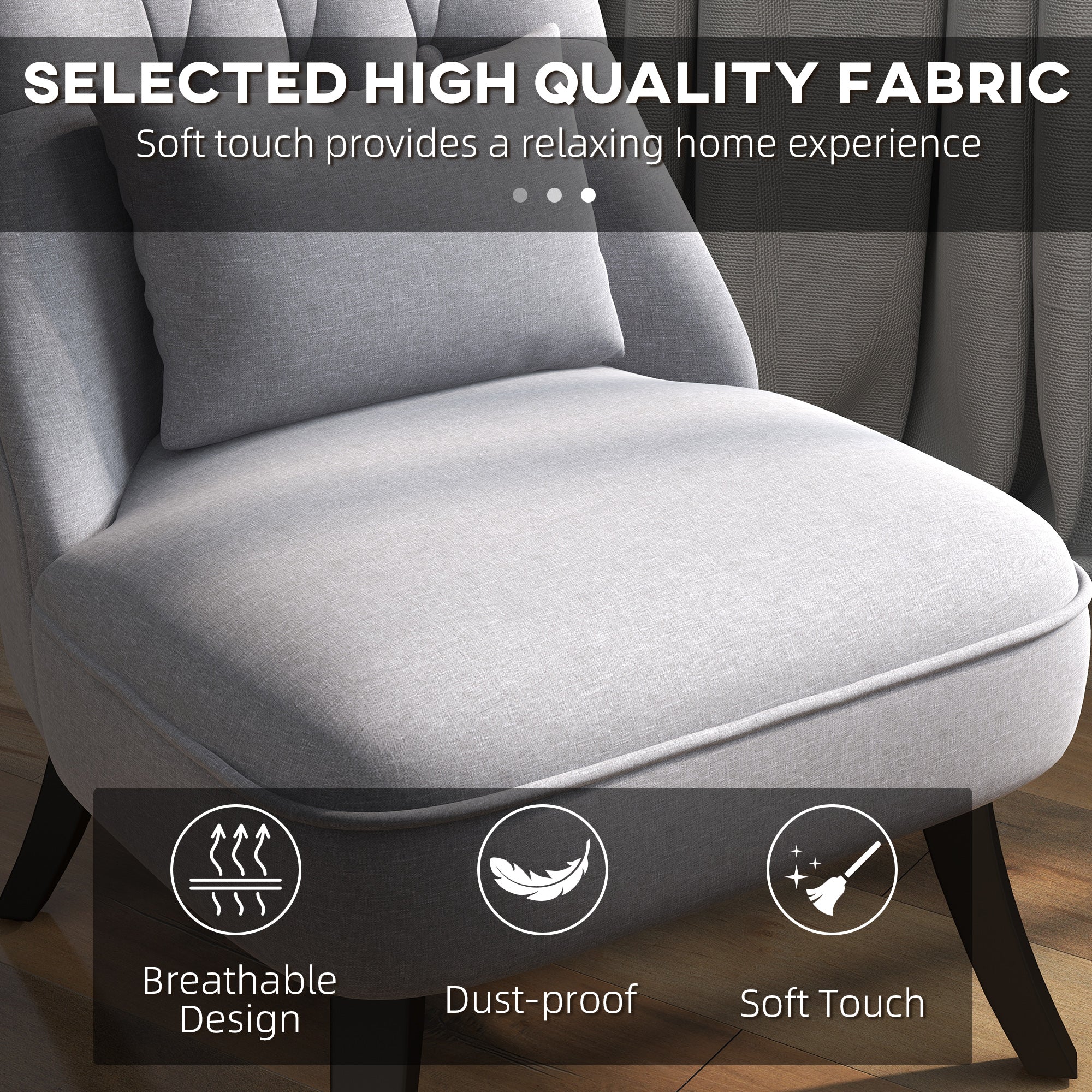 Fabric Single Sofa, Tub Chair, Upholstered Bedroom Chair with Pillow, Solid Wood Leg for Home, Living Room, Dining Room, Set of 2, Grey
