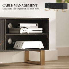 Marble Effect TV Unit, TV Stand Cabinet for up to 70" TVs, Modern TV Cabinet with Shelves and Storage Cupboard, Fluted Door, Extra Centre Leg, Cable Management for Living Room, Black