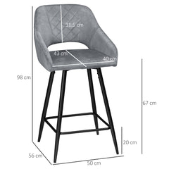 Bar Stools Set of 2, Velvet-Touch Fabric Counter Height Bar Chairs, Kitchen Stools with Steel Legs for Dining Area, Kitchen Island Barstools, Grey