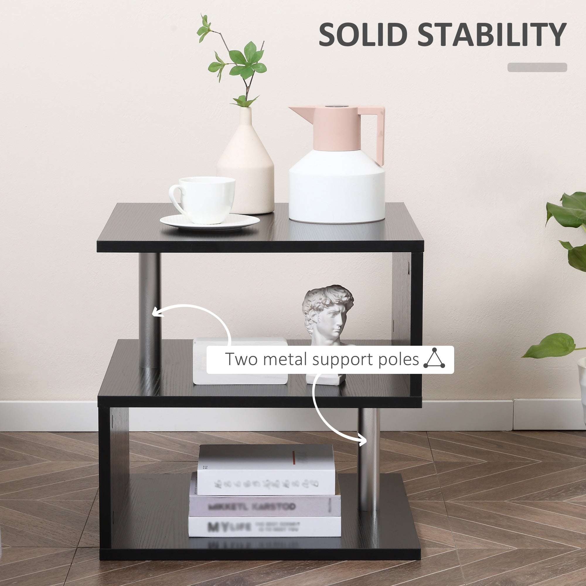 Wooden S Shape Cube Coffee Table 2 Tier Storage Shelves Organiser Office Bookcase Living Room End Desk Stand Display Set of 2 (Black)