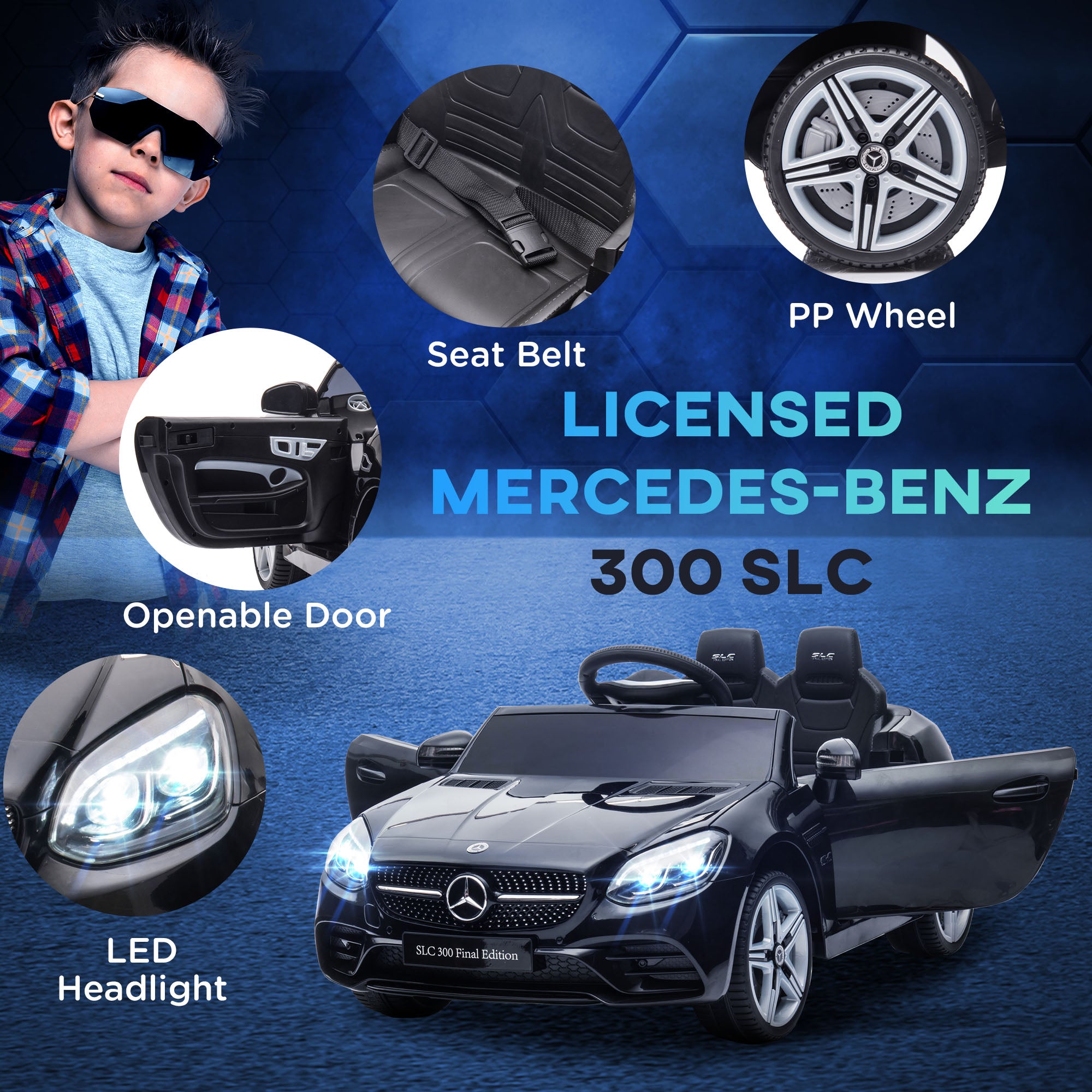 Benz SLC 300 Licensed 12V Kids Electric Ride On, with Music, Remote Control, LED Headlights, Horn, Black