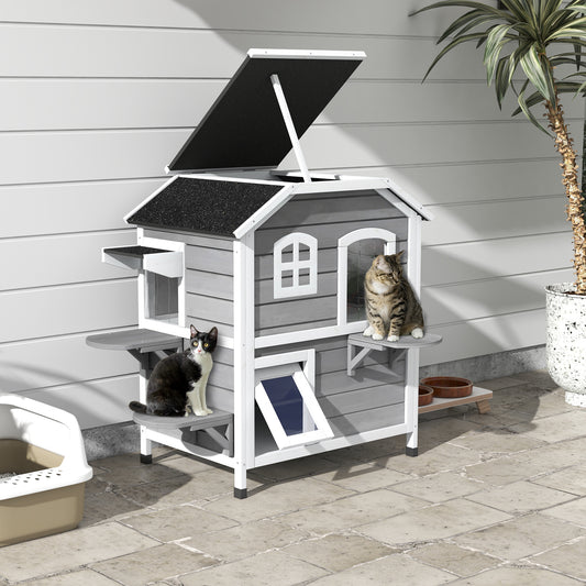 2-story Cat House Outdoor, Weatherproof Wooden Cat Enclosure for Feral Cats with Escape Door, Openable Roof, Jumping Platforms, Grey