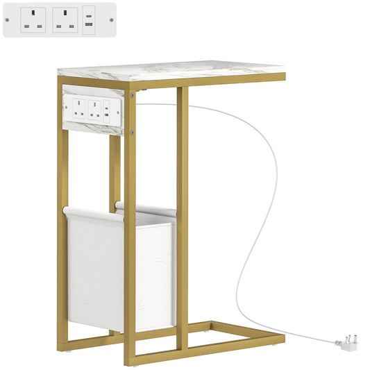 C Shaped Side Table with Charging Station and Faux Marble Top - White