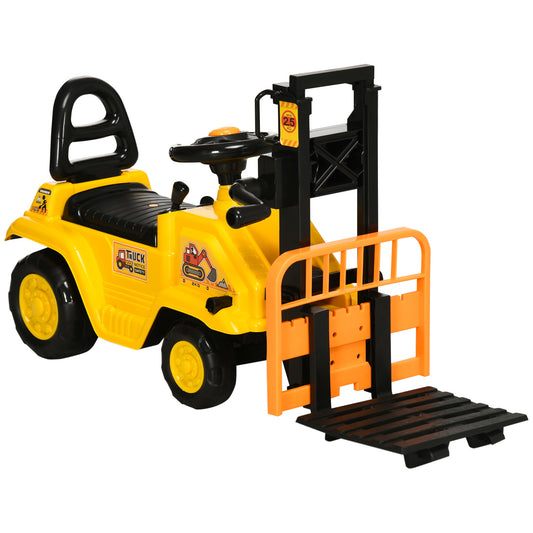 Kids Ride-On Construction Car, with Fork, Tray, Sounds - Yellow