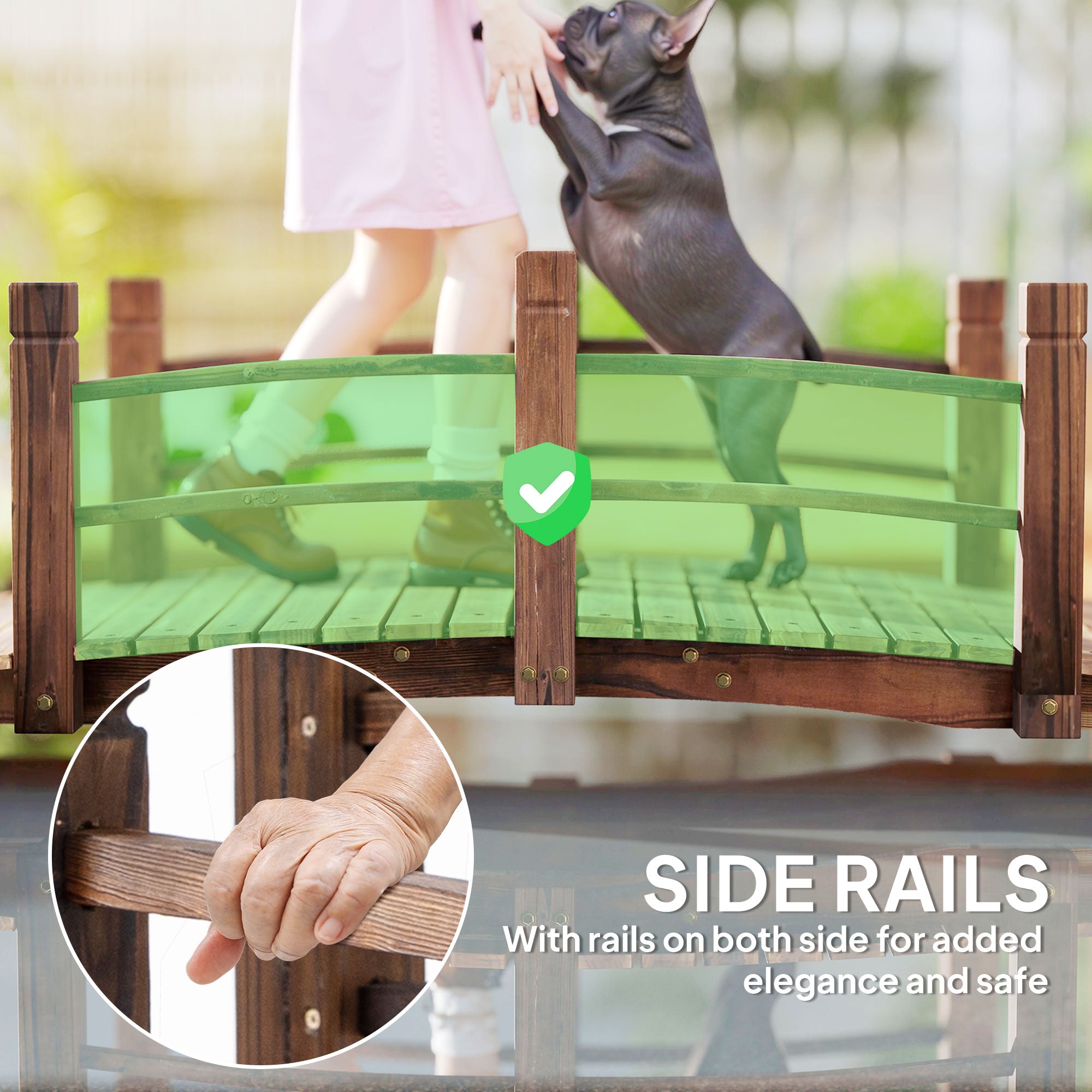 1.5M Wooden Garden Bridge Lawn Décor Stained Finish Arc Outdoor Pond Walkway w/ Railings Water Yard Decoration