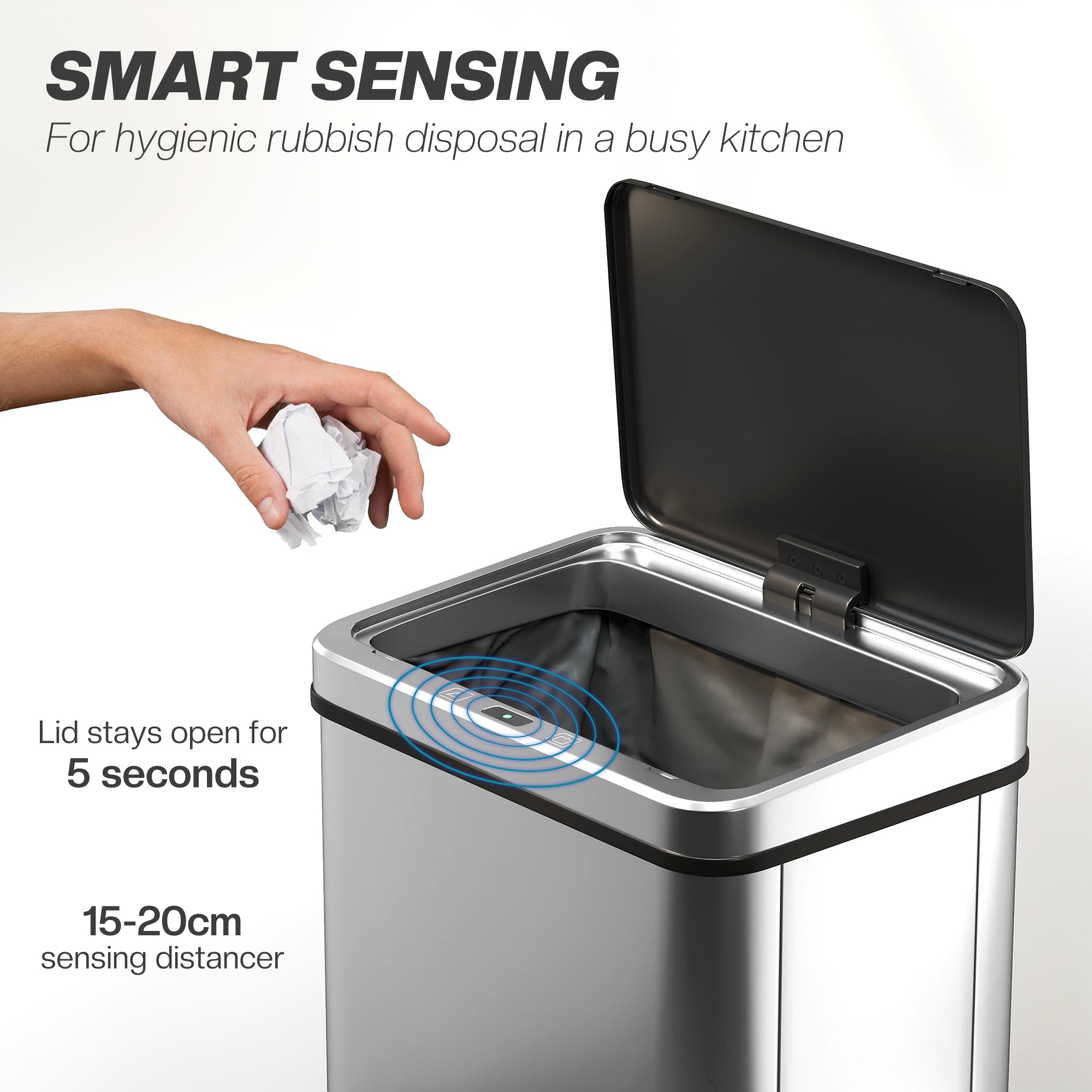 Fynco - 40L Sensor Bin with Quiet Soft-Close Lid, Automatic Touchless Motion Sensor Kitchen Bin with Fingerprint Resistant Stainless Steel for Hygienic Gyms, Home Office Use, Silver Tone