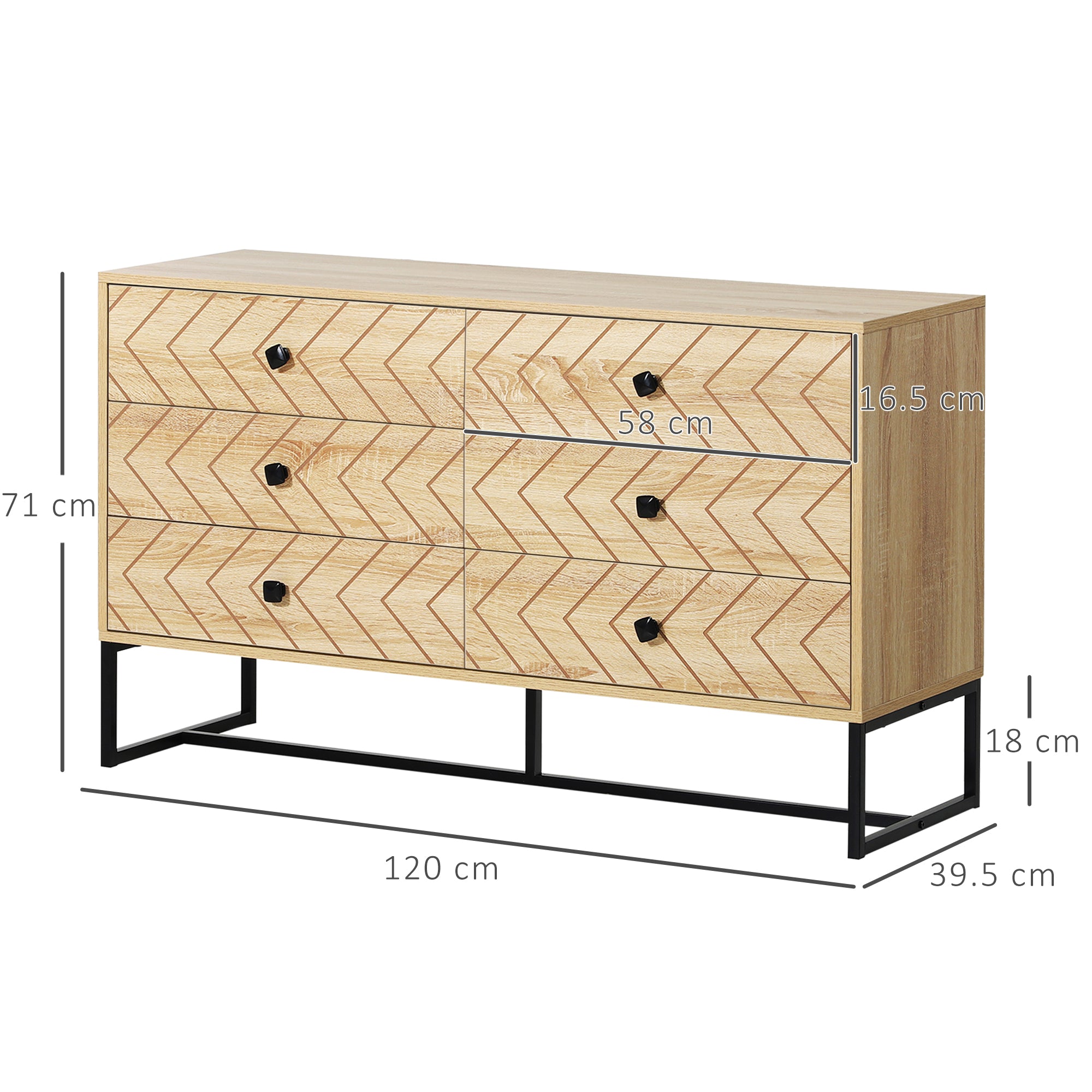 Bedroom Chest of Drawers, 6 Drawer Dresser, Sideboard Cabinet with Zigzag Design and Metal Base, Storage Drawer Unit, 120x71cm, Natural