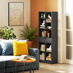 Fynco - Tall Bookshelf with Drawer, Freestanding Bookcase for Bedroom, Living Room, Home Office, Black