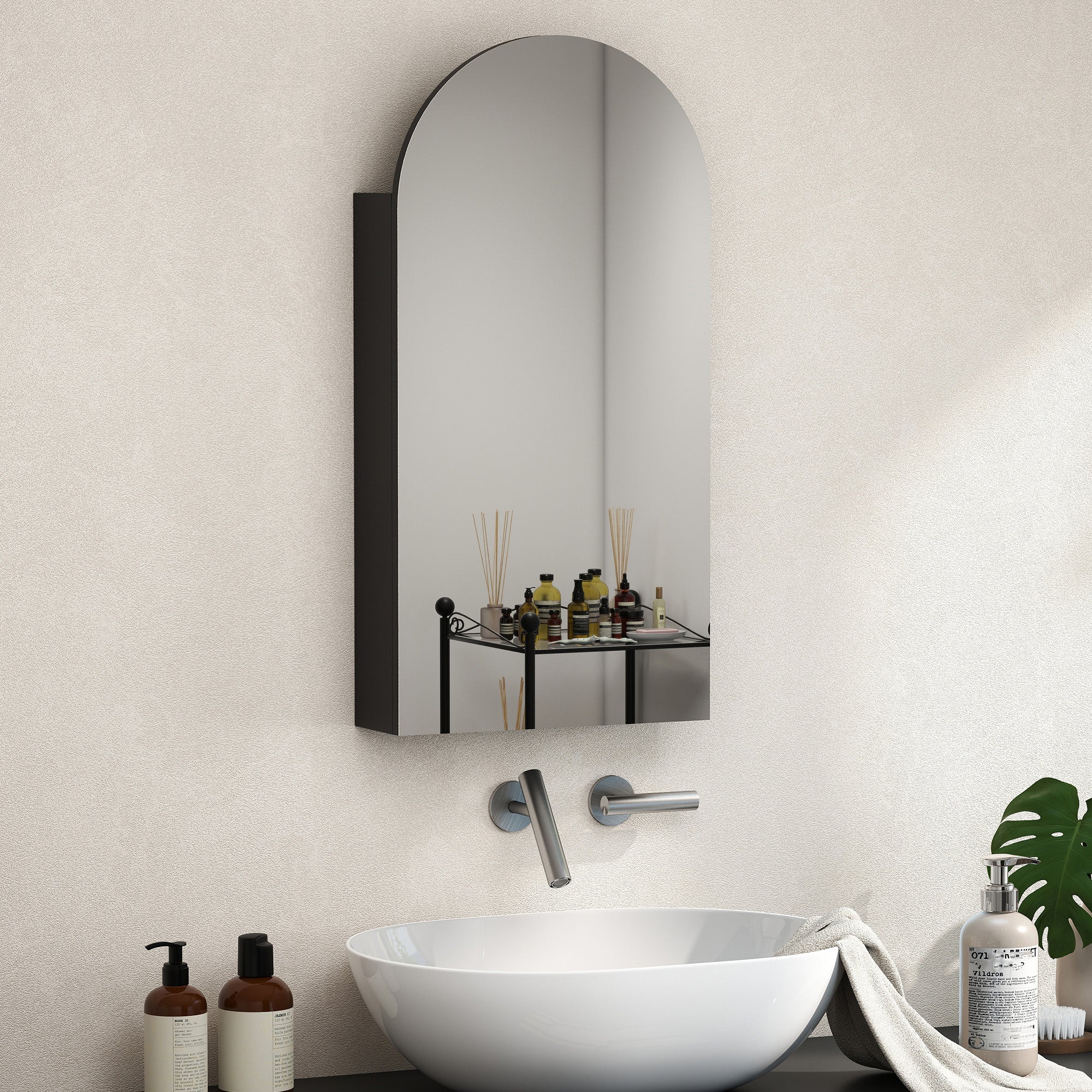 Fynco - Arched Bathroom Mirror Cabinet with Adjustable Glass Shelves - Black