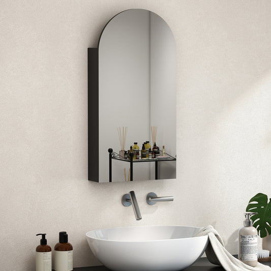 Fynco - Arched Bathroom Mirror Cabinet with Adjustable Glass Shelves - Black