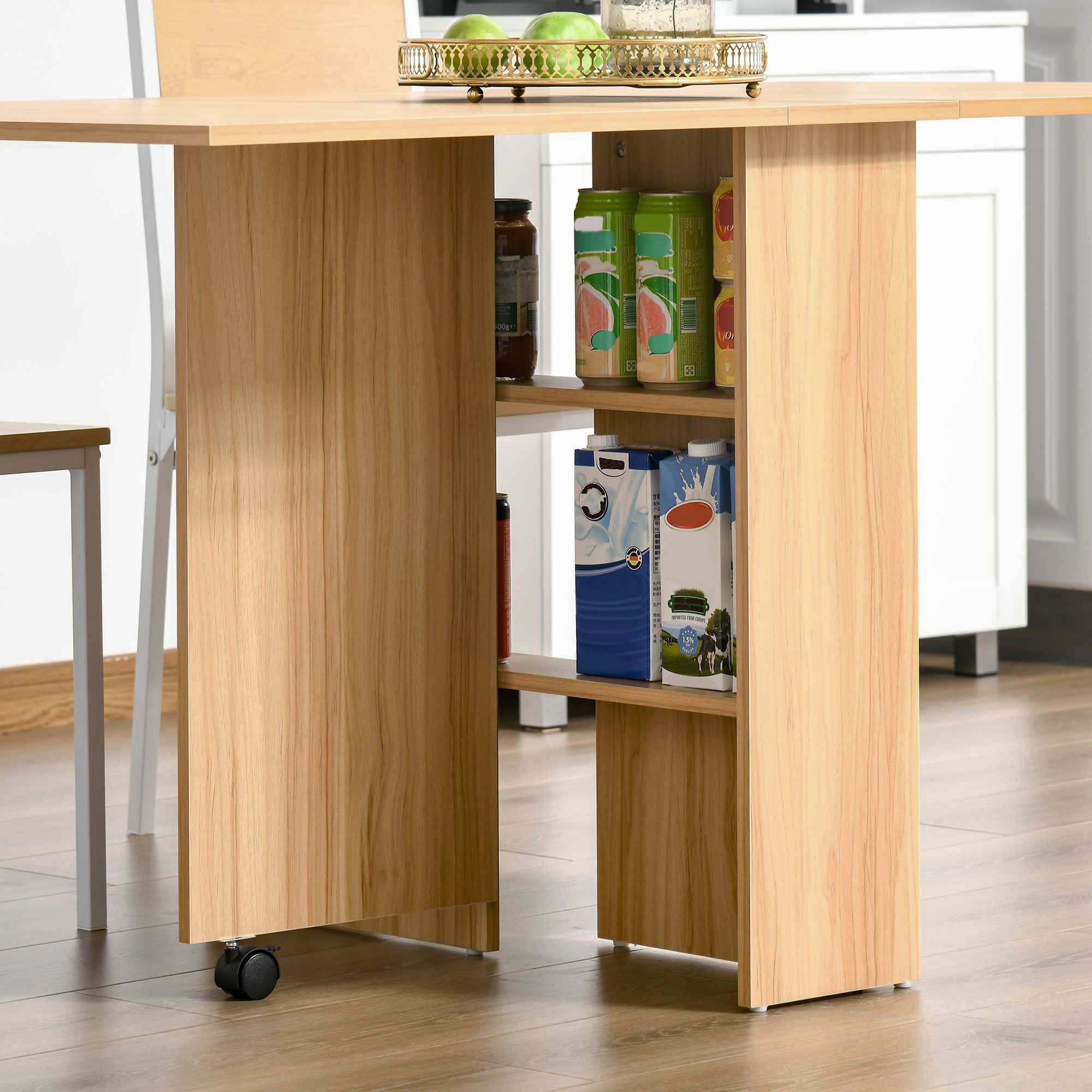 Fynco - Folding Dining Table, Drop Leaf Table for Small Spaces, Foldable Rectangular Tabletop with Storage Shelves for Kitchen, Dining Room, Teak