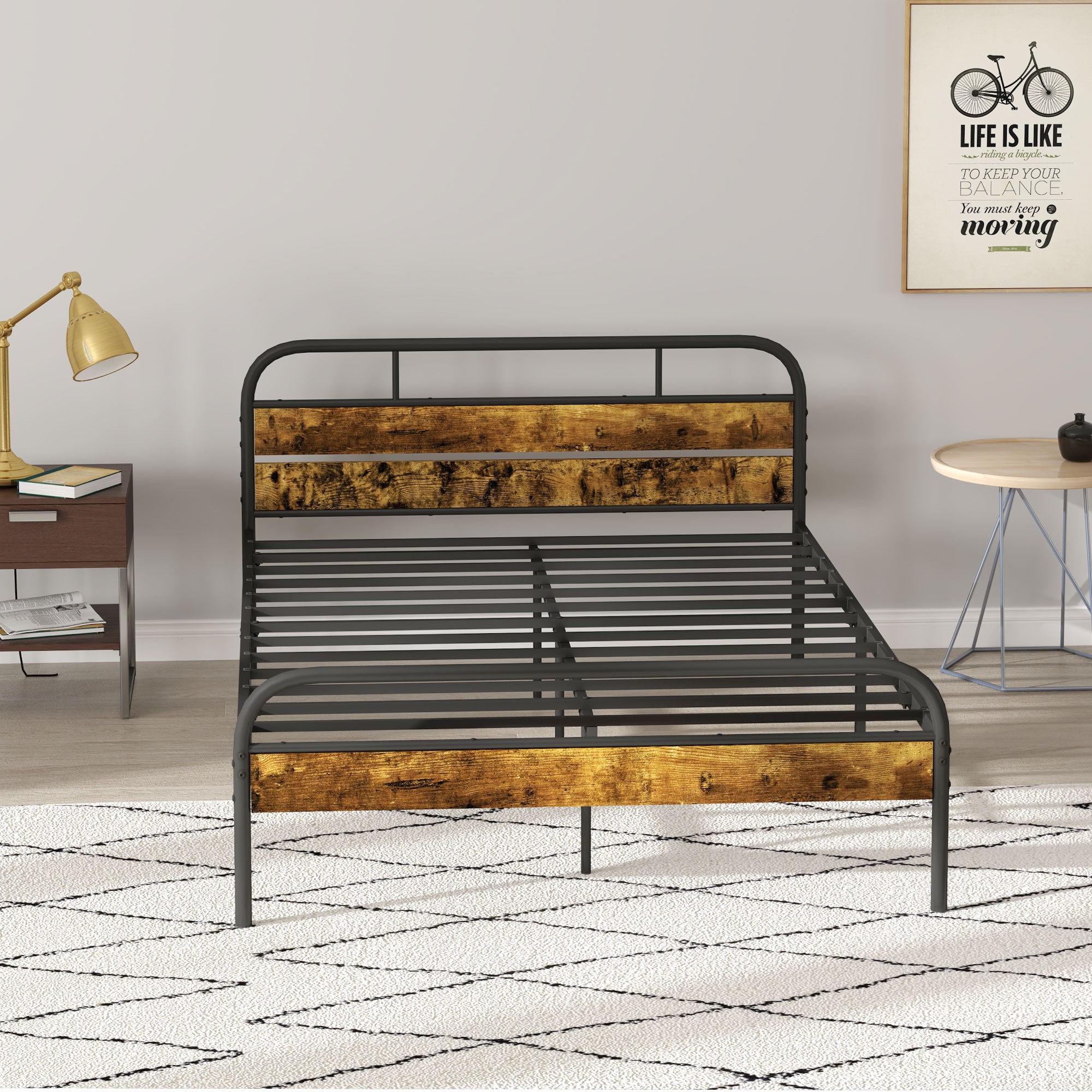 Industrial-Style Double Bed Frame - Black/Brown