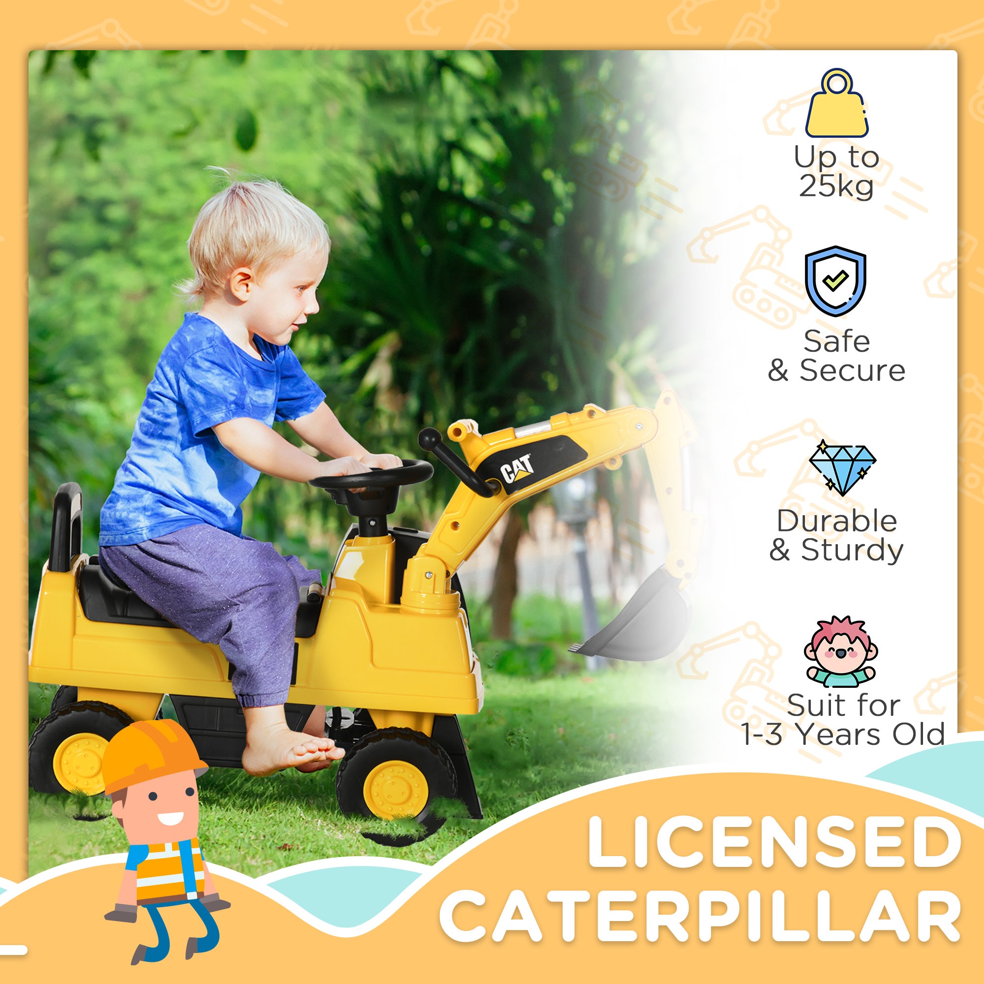 CAT Licensed Kids Ride on Digger Toddler Pretend Construction Play Toy Foot-To-Floor Ride-On Toy w/ Manual Shovel, Horn, Hidden Storage, for Ages 1-3 Years