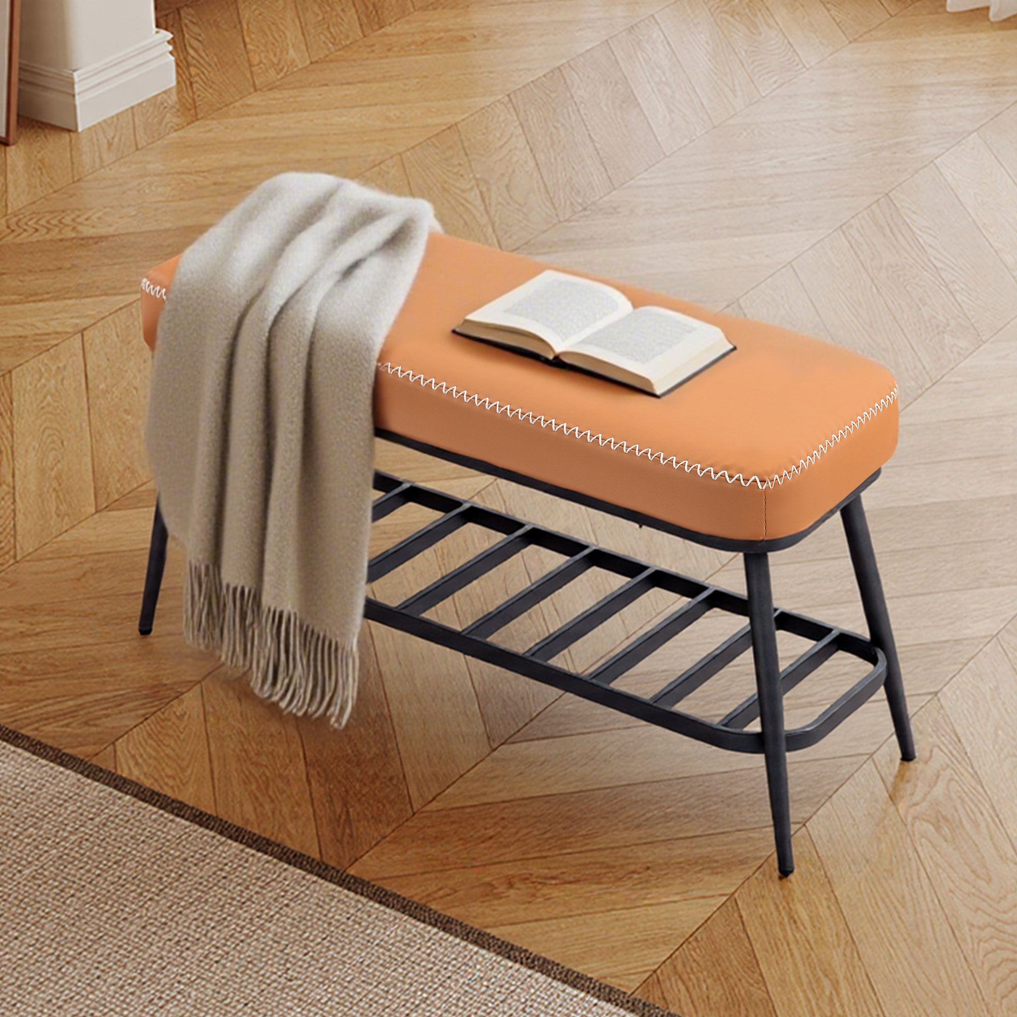 Fynco - PU Leather Shoe Storage Bench - Brown