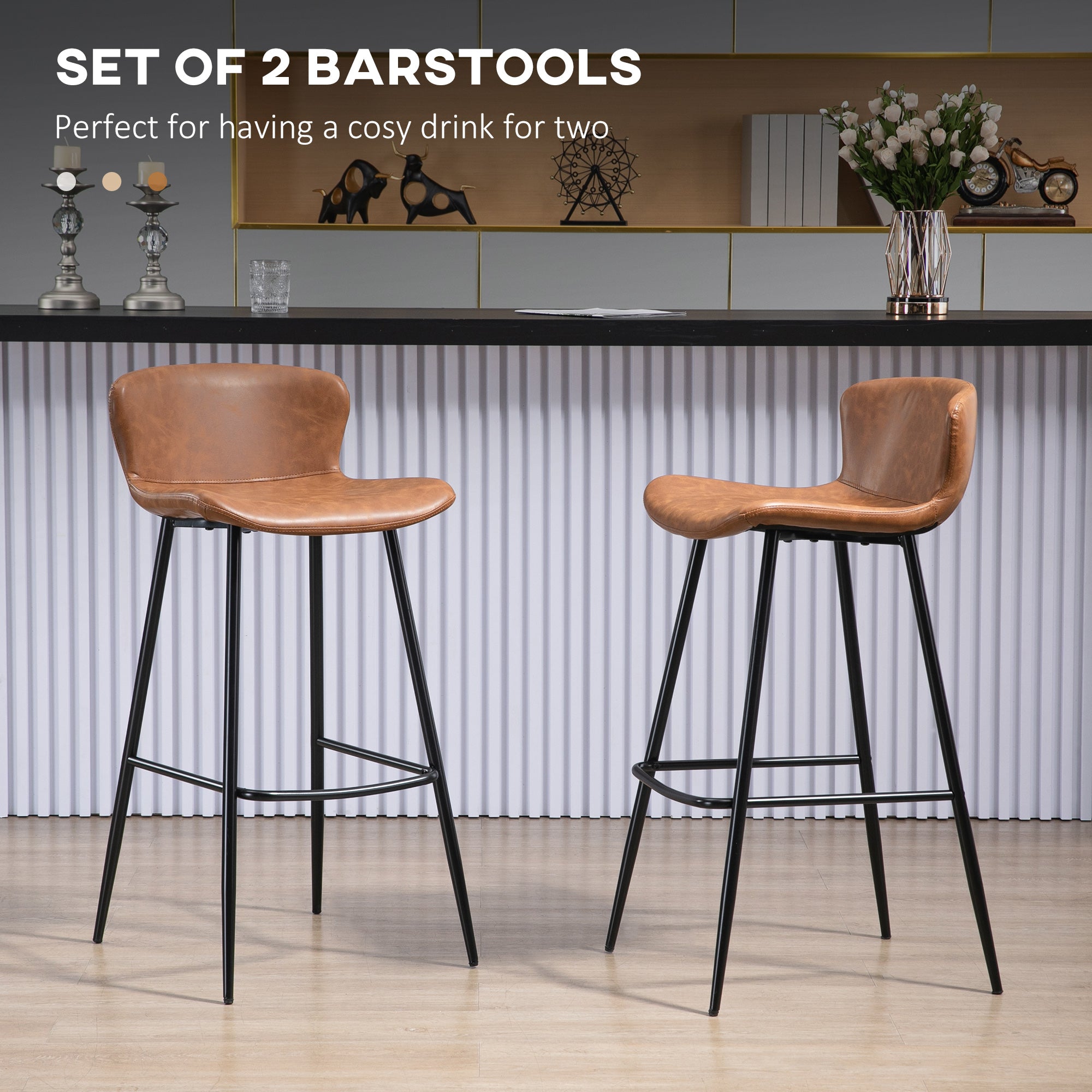 Bar Stools Set of 2, PU Leather Upholstered Bar Chairs, Breakfast Kitchen Counter Chairs with Backs, Steel Legs and Footrests for Dining Room, Brown