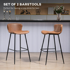 Bar Stools Set of 2, PU Leather Upholstered Bar Chairs, Breakfast Kitchen Counter Chairs with Backs, Steel Legs and Footrests for Dining Room, Brown