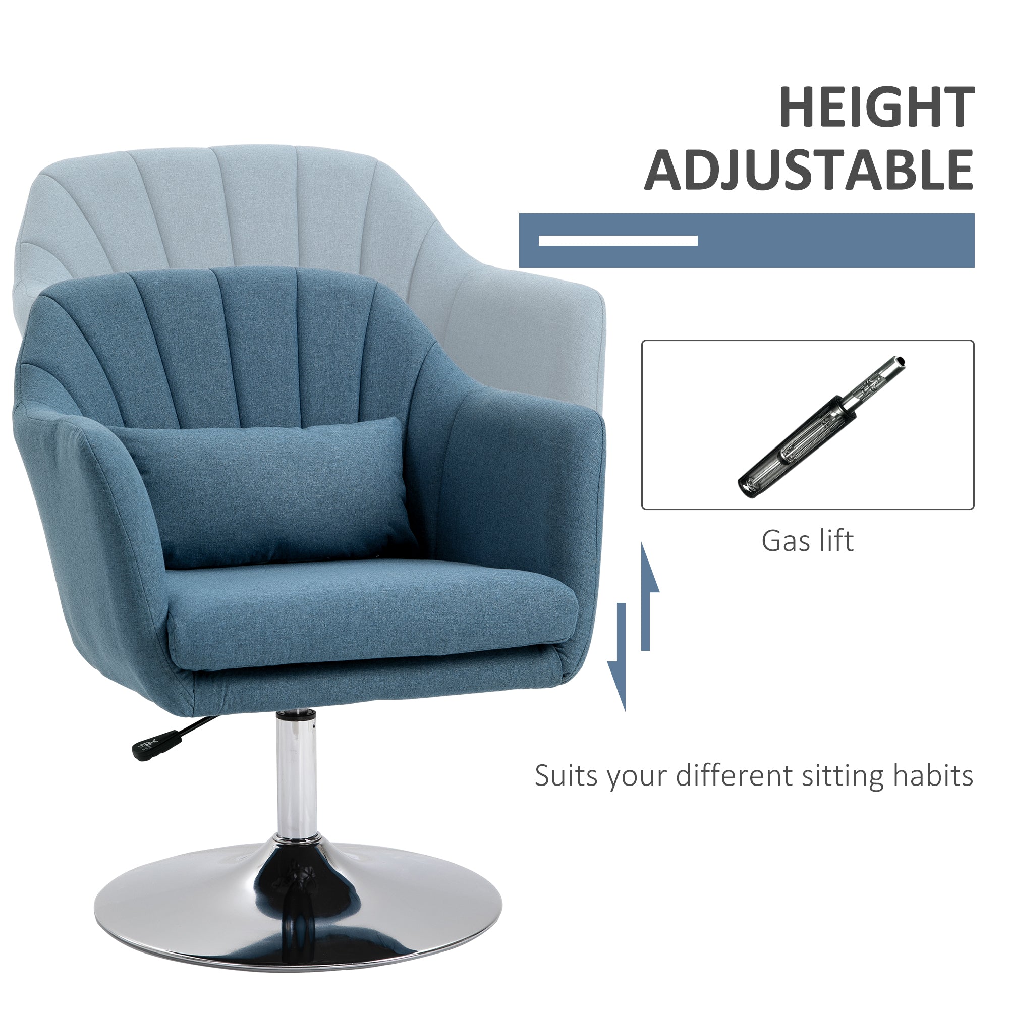 Swivel Linen Fabric Accent Chair for Living Room Contemporary Vanity Armchair with Adjustable Height Thick Cushion Lumbar Support Armrest for Bedroom Office Blue