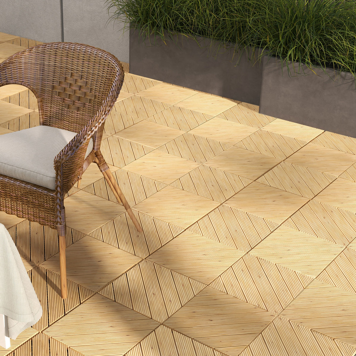 27 Pcs Wooden Interlocking Decking Tiles, 30 x 30 cm Anti-slip Outdoor Flooring Tiles, 0.81㎡ per Pack, All Weather Use for Patio, Balcony, Terrace, Hot Tub, Yellow