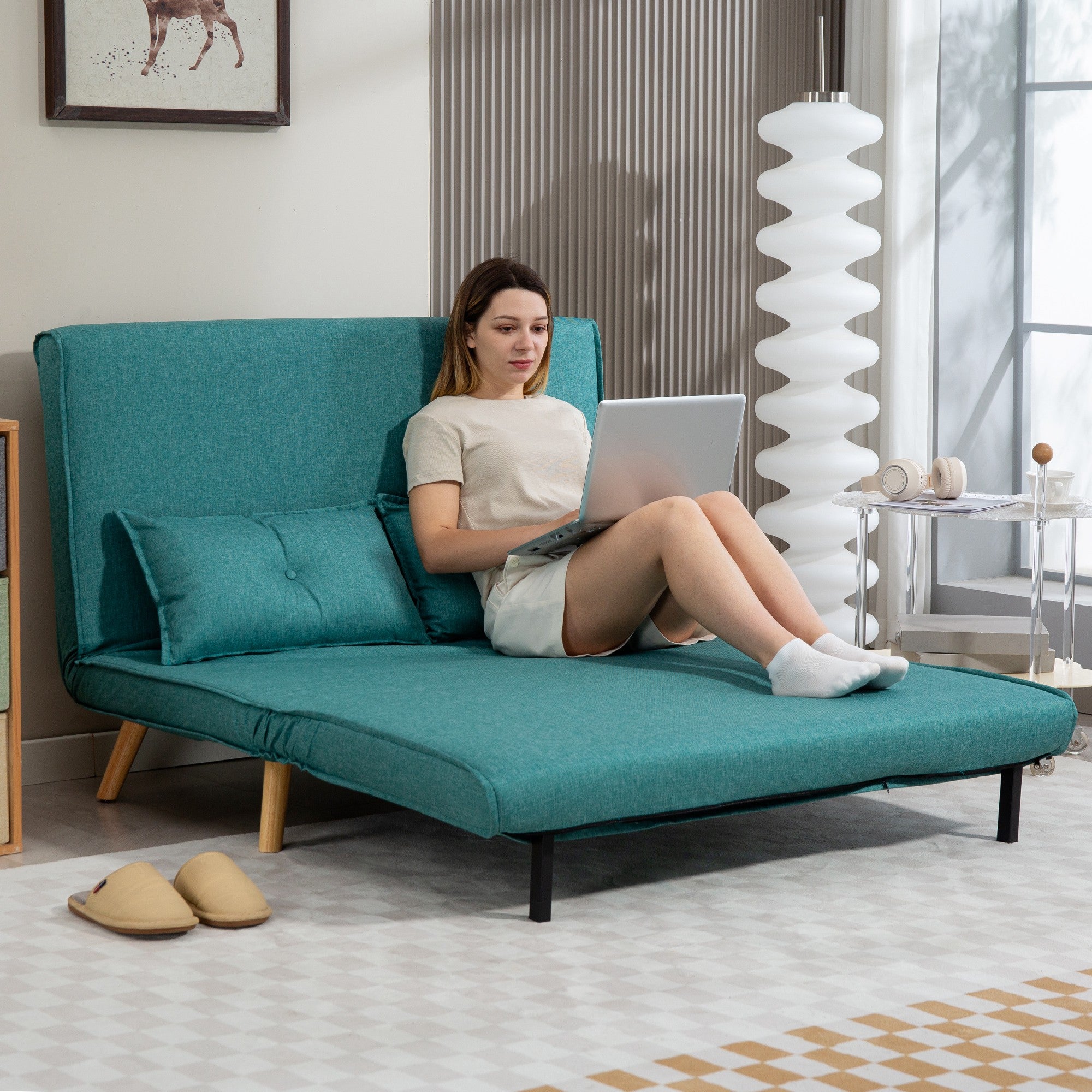 Two-Seater Linen-Look Sofa Bed - Green