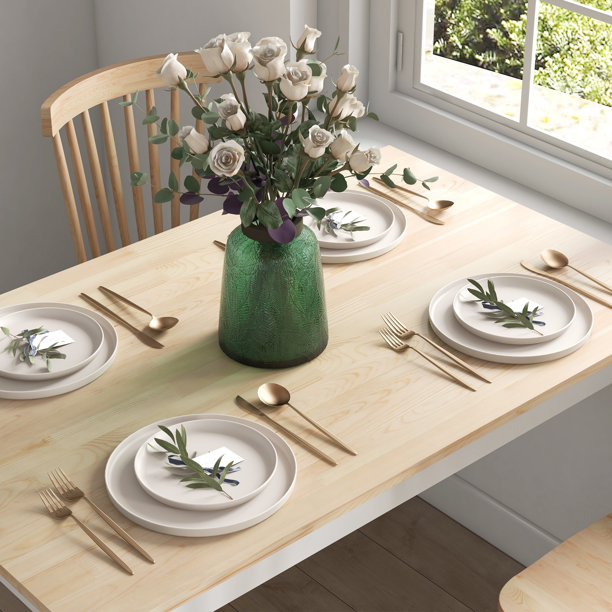 Dining Table and Bench Set, Farmhouse Kitchen Table and Bench with Wooden Frame for Living Room, Dining Room, Natural and White
