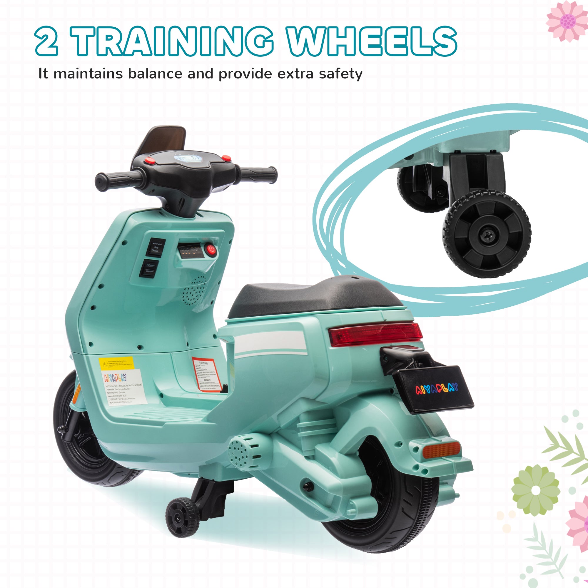 AIYAPLAY 6V Ride on Motorbike, Kids Electric Motorbike w/ Headlights, Music, Training Wheels, for Ages 18-36 Months, Green