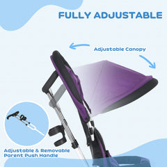 6 in 1 Kids Trike Push Bike w/ Push Handle, Canopy, 5-point Safety Belt, Storage, Footrest, Brake, for 1-5 Years, Purple