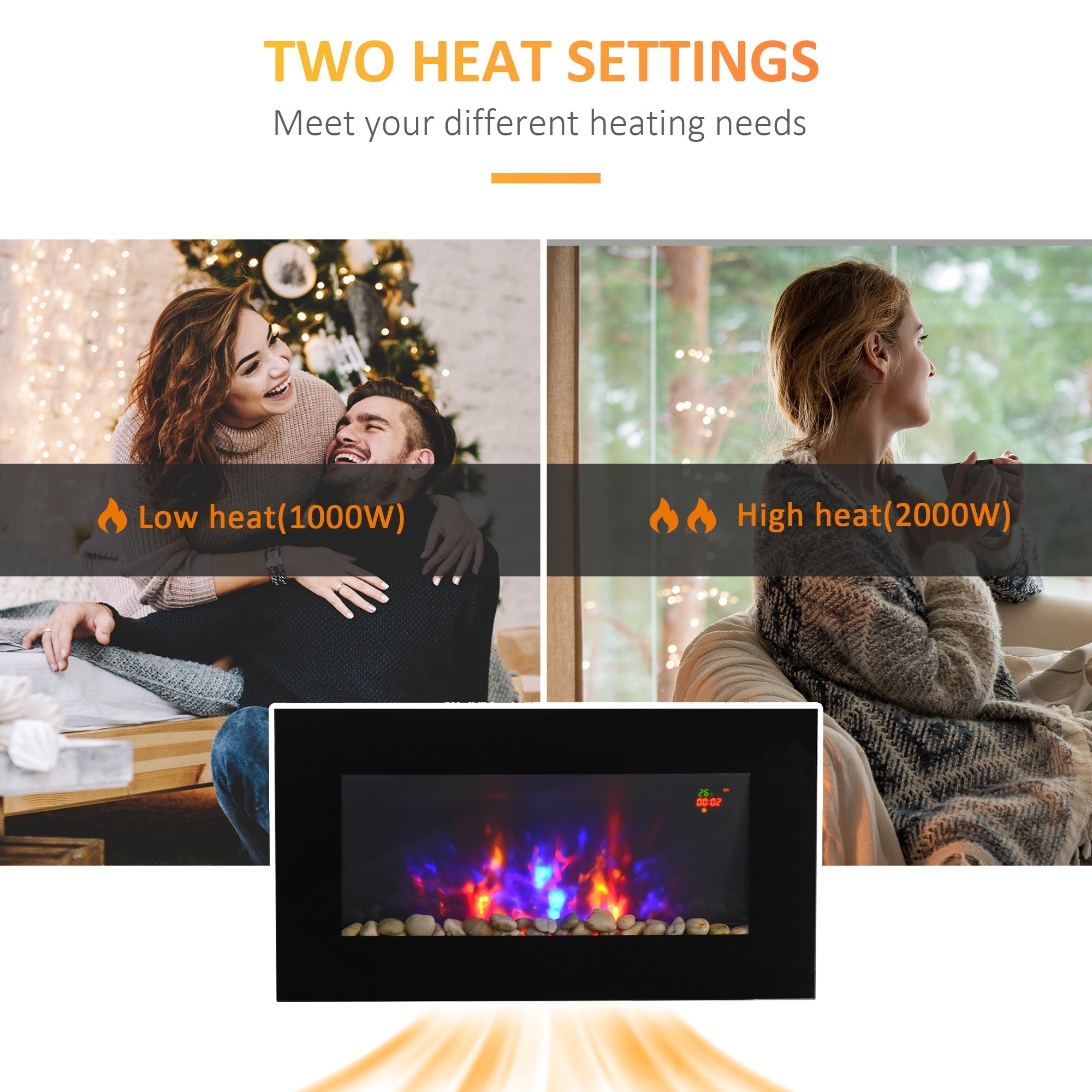 Fynco - 1000W/2000W Electric Wall Fireplace w/ LED Flame Effect Timer Remote Sleek Stylish Safe Home Heating 20-25㎡
