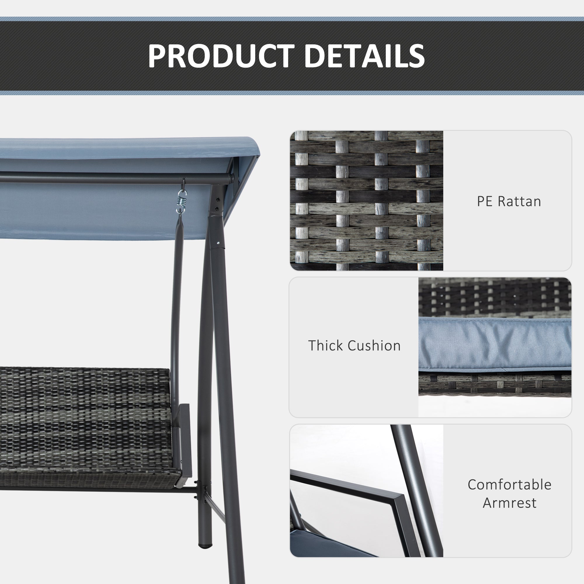 Fynco - 2-3 Seater Outdoor Garden Rattan Swing Chair with Adjustable Canopy Removable Cushion Hammock Seater Bench Bed Lounger, Mixed Grey