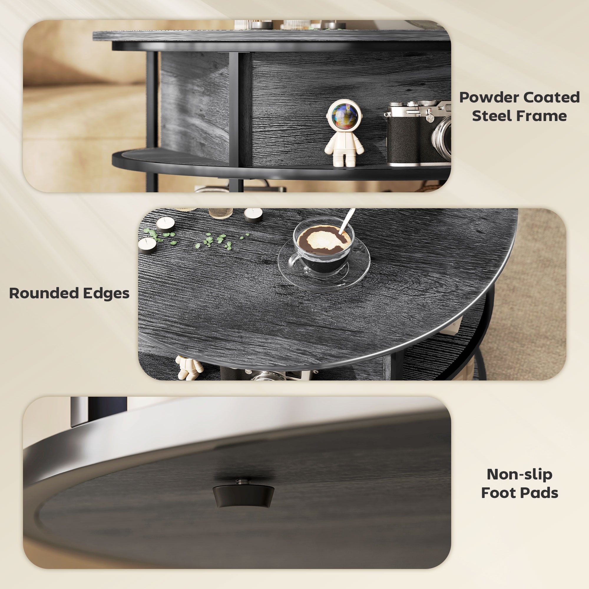 Lift Top Coffee Table, Round Coffee Table with Storage Shelf, Hidden Compartment and Steel Frame for Living Room, Home Office, Charcoal Grey