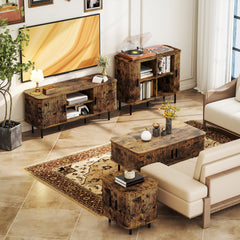 Coffee Table with Storage, Living Room Table with Slatted Tambour Sliding Doors and Foot Pads, Rectangular Coffee Table with Elevated Base for Living Room, Rustic Brown