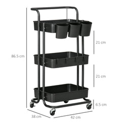 Three-Tier Home Trolley, with Handle and Wheels - Black