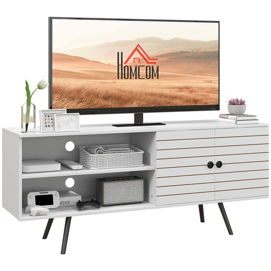 TV Stand with Cupboard, Open Shelves, Striped Doors, Wooden legs, White