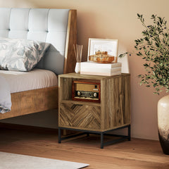 Bedside Table with Drawer and Shelf, Side End Table with Steel Legs for Living Room, Bedroom, Brown Wood Effect