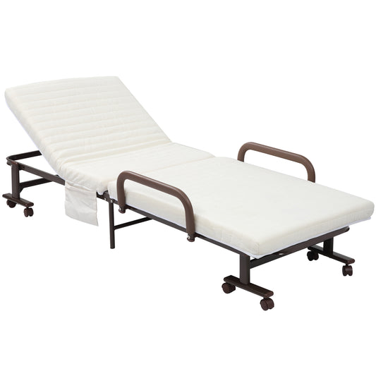 Folding Bed with Mattress, Single Guest Bed, Portable Fold Bed with Adjustable Backrest, Metal Frame on Wheels, White, 190 x 76 cm
