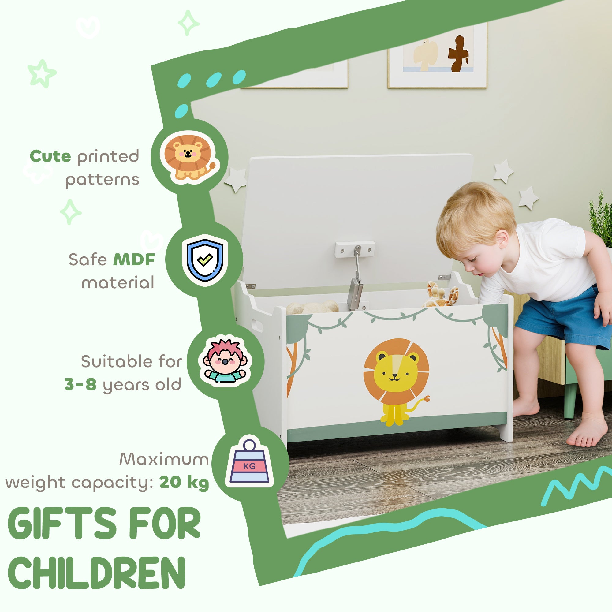 AIYAPLAY Toy Box with Lid, Safety Hinges and Groove Handles, Toy Storage organiser for Kids, Living Room, Playroom, Green