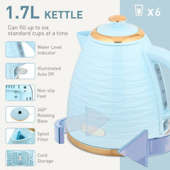 3000W 1.7L Kettle & 4 Slice Toaster, Kettle and Toaster Set with 7 Browning Controls and Crumb Tray, Light Blue