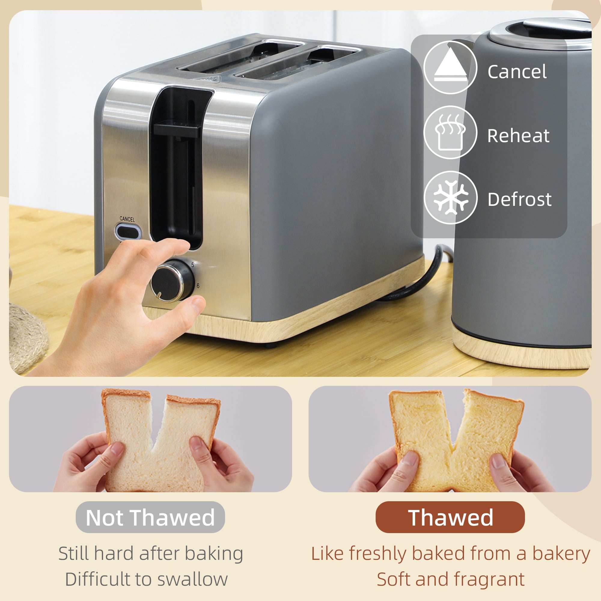 Kettle and Toaster Set, 1.7L 3000W Fast Boil Kettle & 2 Slice Toaster Kitchen Set with 7 Level Browning Controls, Defrost, Reheat, Auto Off, Boil-dry Protection, Grey