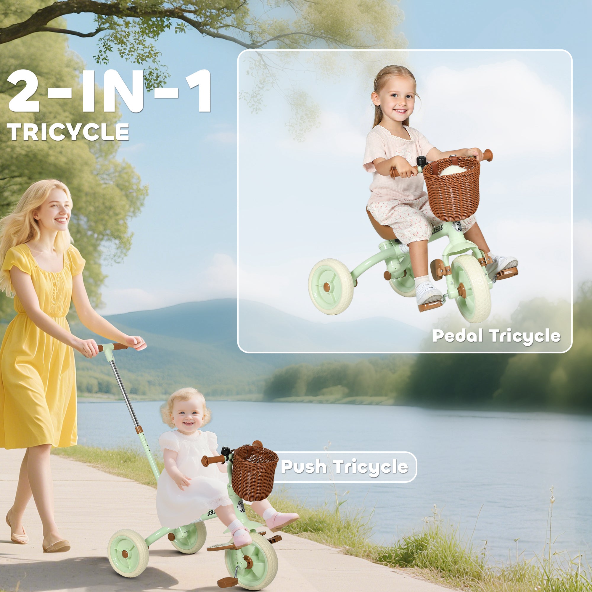 AIYAPLAY 2-In-1 Toddler Trike for 2-5 Years Old, 3 Wheel Bike with Adjustable Parent Handle, Basket for Boys and Girls, Green